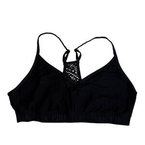 Victoria Pink Sz XL Racerback Adjustable Black Crochet Overlay Sports Bra | EUC